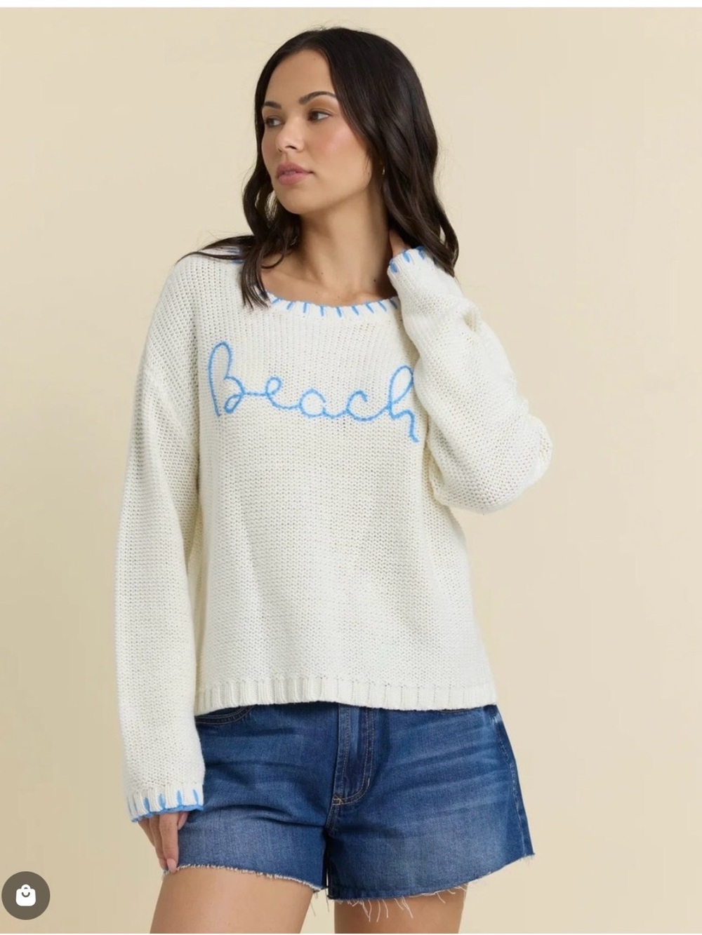 Vintage Cream Crewneck Sweater with Blue 'Beach' Script size S. Like new.